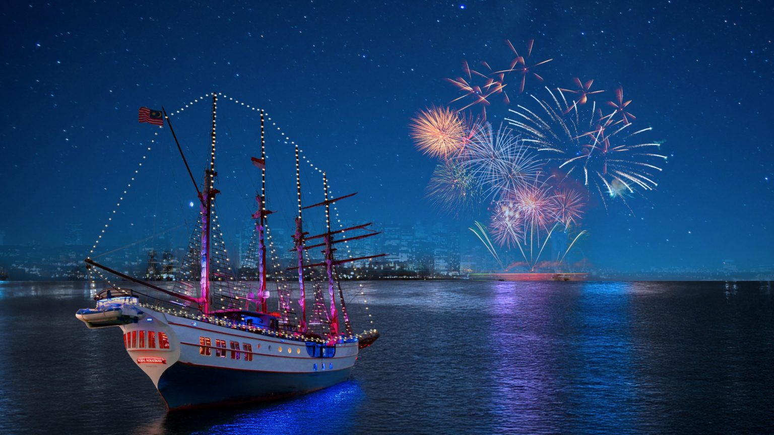 The Royal Albatross lit up with fireworks in the night sky